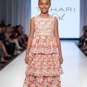 Tahari Pink Floral Tiered Dress w/ Lace Accents, Hair Bow & Bracelet, S12&5, NWT